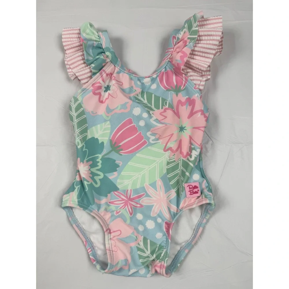 RuffleButts‎ Baby Girls Floral Ruffle One Piece Swimsuit Pink Teal 3-6 Months